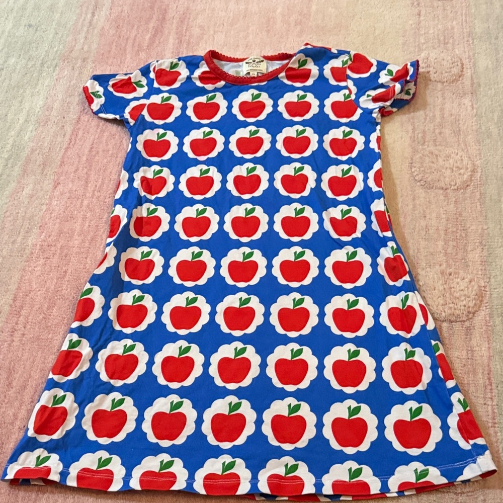 Playful Apple Print Kids Dress - Blue and Red